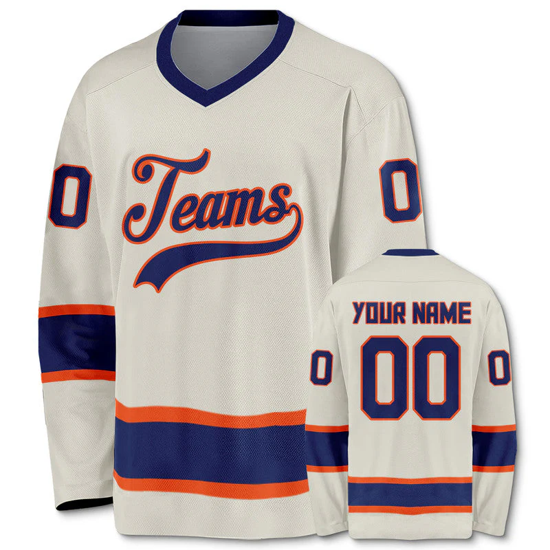 Custom Cream Navy-Orange Authentic Hockey Jersey